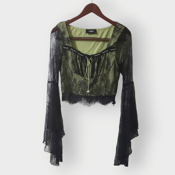 Cider Tops - Cider Green Black Lace Flare Long Bell Sleeve Crop Top Fairycore Goth Large